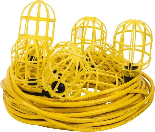 Value Collection - 10 Socket, 4 Conductor, 125 VAC, 15 Amp, Temporary String Light - 100' SJTW-A Cord, Yellow, Plastic, Includes Lamp Guard - All Tool & Supply