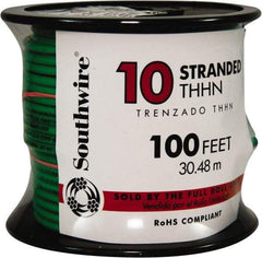 Southwire - THHN/THWN, 10 AWG, 30 Amp, 100' Long, Stranded Core, 19 Strand Building Wire - Green, Thermoplastic Insulation - All Tool & Supply