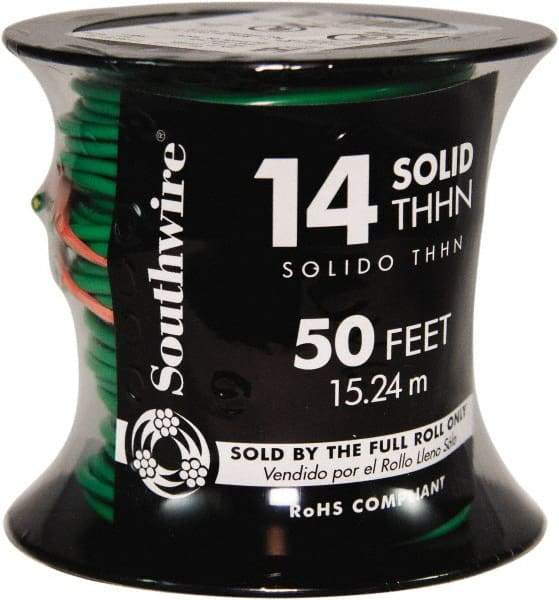 Southwire - THHN/THWN, 14 AWG, 15 Amp, 50' Long, Solid Core, 1 Strand Building Wire - Green, Thermoplastic Insulation - All Tool & Supply