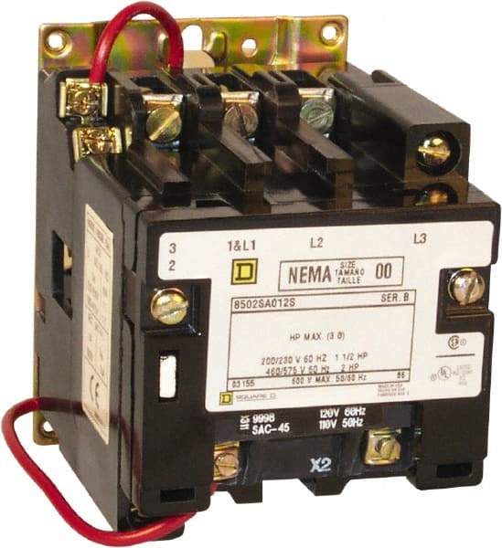 Square D - 2 Pole, 110 Coil VAC at 50 Hz and 120 Coil VAC at 60 Hz, 18 Amp NEMA Contactor - Open Enclosure, 50 Hz at 110 VAC and 60 Hz at 120 VAC - All Tool & Supply