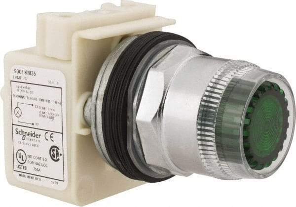 Schneider Electric - 1.18 Inch Mount Hole, Extended Straight, Pushbutton Switch Only - Round, Green Pushbutton, Illuminated, Momentary (MO), Weatherproof, Dust and Oil Resistant - All Tool & Supply