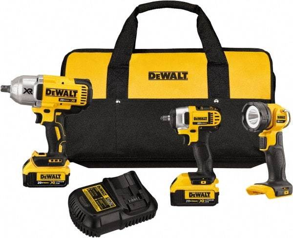 DeWALT - 20 Volt Cordless Tool Combination Kit - Includes 1/2" Impact Wrench, 3/8" Impact Driver & LED Worklight, Lithium-Ion Battery Included - All Tool & Supply