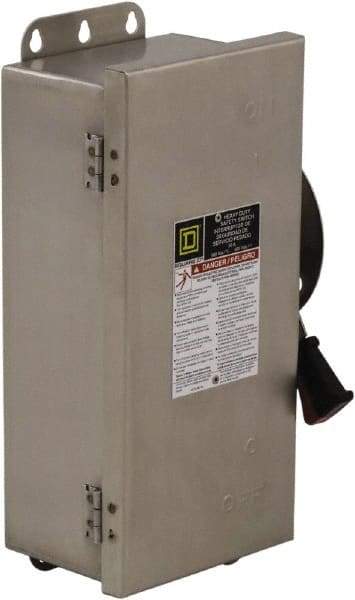 Square D - 30 Amp, 600 VAC/VDC, 3 Pole Fused Safety Switch - NEMA 12, 3, 3R, 4 & 4X, 7.5 hp at 480 VAC, 5 hp at 250 VDC (Single Phase), 20 hp at 600 VAC, 10 hp at 600 VDC (Triple Phase), 3PST Contact Form - All Tool & Supply