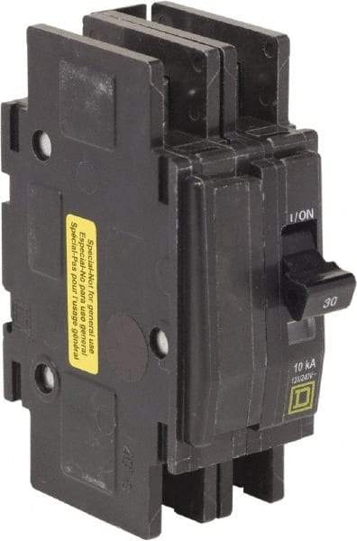 Square D - 30 Amp, 120/240 VAC, 2 Pole, DIN Rail Mounted, Flush Mount, Surface Mount Miniature Circuit Breaker - Thermal Magnetic Trip, 10 kA at 120/240 VAC Breaking Capacity, 14-2 (Aluminum), 14-2 (Copper) AWG, 74mm Deep x 103mm High x 19mm Wide - All Tool & Supply