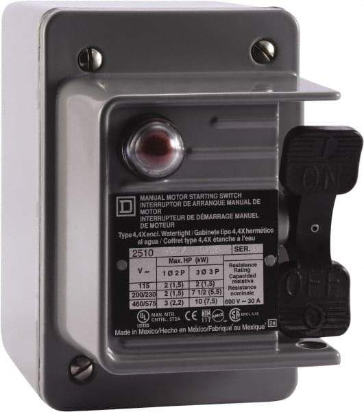 Square D - 2 Poles, 30 Amp, NEMA, Enclosed Toggle Manual Motor Starter - 1 hp at 90 VDC, 1-1/2 hp at 230 VDC, 2 hp at 115 VAC, 2 hp at 115 VDC, 2 hp at 230 VAC, 3 hp at 460 VAC & 3 hp at 575 VAC, CE, CSA, NEMA 4 & UL Listed - All Tool & Supply