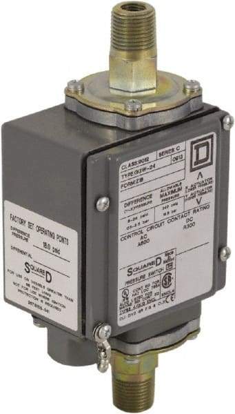 Square D - 4, 13 and 4X NEMA Rated, DPDT, 175 psi, Electromechanical Pressure and Level Switch - Adjustable Pressure, 120 VAC at 6 Amp, 125 VDC at 0.22 Amp, 240 VAC at 3 Amp, 250 VDC at 0.11 Amp, 1/4 Inch Connector, Screw Terminal, For Use with 9012G - All Tool & Supply