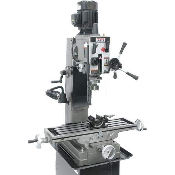 Jet - 3 Phase, 19-11/16" Swing, Geared Head Mill Drill Combination - 32-1/4" Table Length x 9-1/2" Table Width, 20-1/2" Longitudinal Travel, 8-1/4" Cross Travel, Variable Spindle Speeds, 1.5 hp, 230 Volts - All Tool & Supply