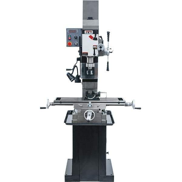 Jet - 1 Phase, 19-11/16" Swing, Geared Head Mill Drill Combination - 32-1/4" Table Length x 9-1/2" Table Width, 20-1/2" Longitudinal Travel, 8-1/4" Cross Travel, Variable Spindle Speeds, 1.5 hp, 115/230 Volts - All Tool & Supply