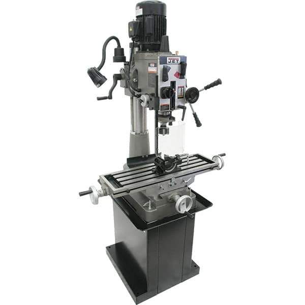 Jet - 1 Phase, 20-1/2" Swing, Geared Head Mill Drill Combination - 32-1/4" Table Length x 9-1/2" Table Width, 20-1/2" Longitudinal Travel, 8-1/4" Cross Travel, 6 Spindle Speeds, 1.5 hp, 115/230 Volts - All Tool & Supply