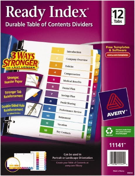 AVERY - 11 x 8 1/2" 1 to 12" Label, 10 Tabs, 3-Hole Punched, Preprinted Divider - Exact Industrial Supply