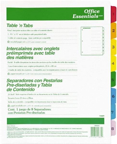 Office Essentials - 11 x 8 1/2" 1 to 8" Label, 8 Tabs, 3-Hole Punched, Preprinted Divider - Multicolor Tabs, White Folder - All Tool & Supply