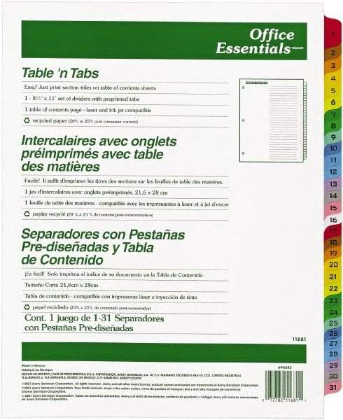 Office Essentials - 11 x 8 1/2" 1 to 31" Label, 31 Tabs, 3-Hole Punched, Preprinted Divider - Multicolor Tabs, White Folder - All Tool & Supply