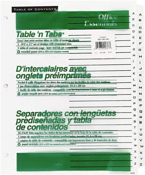 Office Essentials - 11 x 8 1/2" A to Z Label, 26 Tabs, 3-Hole Punched, Preprinted Divider - White - All Tool & Supply