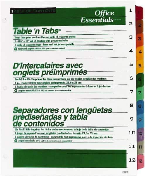 Office Essentials - 11 x 8 1/2" 1 to 12" Label, 12 Tabs, 3-Hole Punched, Preprinted Divider - Multicolor Tabs, White Folder - All Tool & Supply