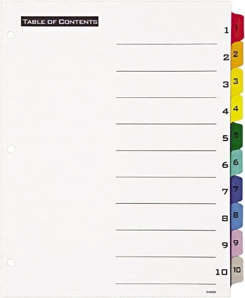 Office Essentials - 11 x 8 1/2" 1 to 10" Label, 10 Tabs, 3-Hole Punched, Preprinted Divider - Multicolor Tabs, White Folder - All Tool & Supply