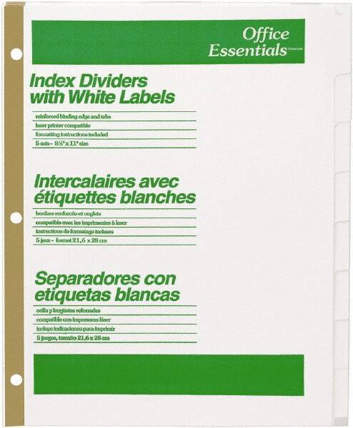 Office Essentials - 11 x 8 1/2" 1 to 8" Label, 8 Tabs, 3-Hole Punched, Customizable Divider - White - All Tool & Supply