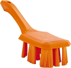 Vikan - 2-3/4" Bristle Length, Polyester Scrub Brush - 8" Long x 2-7/8" Wide Head, 10" OAL, Short Handle, Orange, Polypropylene Block - All Tool & Supply