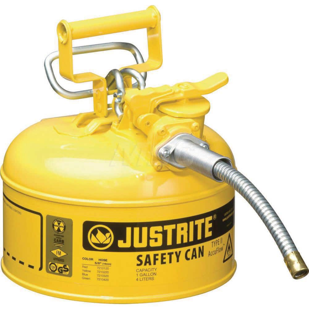 Justrite - Safety Dispensing Cans; Capacity: 1 Gal. ; Material: Steel ; Color: Yellow ; Height (Decimal Inch): 10.500000 ; Diameter/Length (mm): 9.50 ; Approval Listing/Regulations: FM Approved; UL; ULC; TUV - Exact Industrial Supply