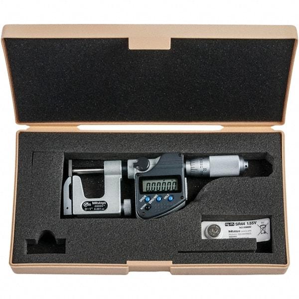 Mitutoyo - 0 to 1" Range, 0.00005" Resolution, Interchangeable Anvil Type Throat IP65 Electronic Outside Micrometer - 0.0002" Accuracy, Friction Thimble, Carbide-Tipped Face, SR44 Battery - All Tool & Supply