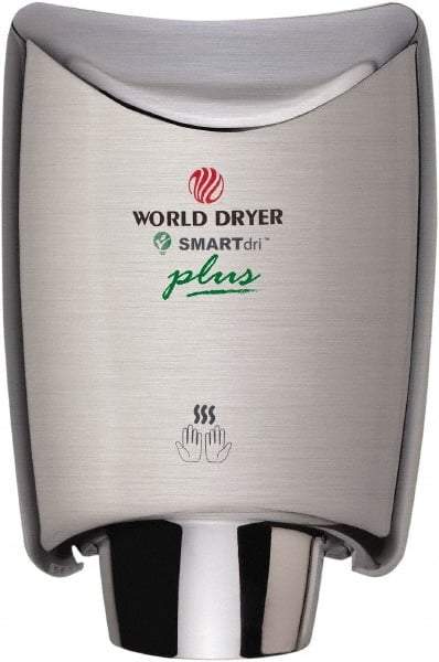 World Dryer - 1200 Watt Silver Finish Electric Hand Dryer - 100/120 Volts, 10 Amps, 9.3" Wide x 12-1/2" High x 7.6" Deep - All Tool & Supply