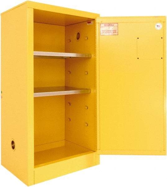 Securall Cabinets - 1 Door, 2 Shelf, Yellow Steel Standard Safety Cabinet for Flammable and Combustible Liquids - 44" High x 24" Wide x 18" Deep, Manual Closing Door, 3 Point Key Lock, 20 Gal Capacity - All Tool & Supply