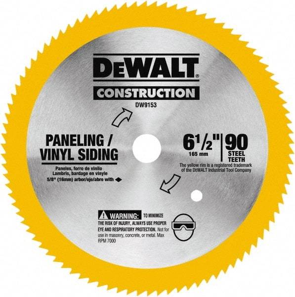 DeWALT - 6-1/2" Diam, 5/8" Arbor Hole Diam, 90 Tooth Wet & Dry Cut Saw Blade - Tungsten Carbide-Tipped, Fast Cutting Action, Diamond Arbor - All Tool & Supply