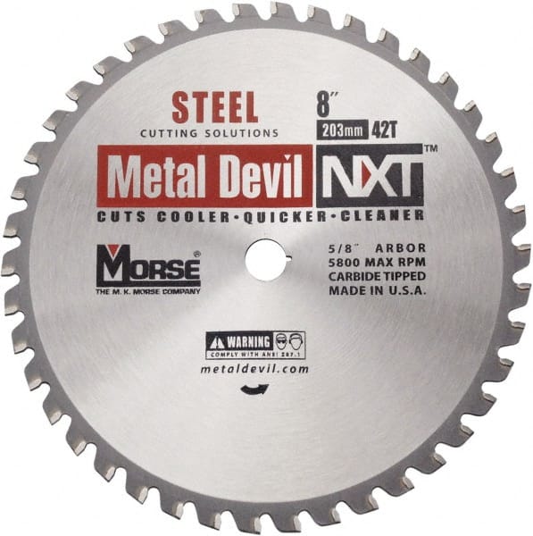 Wet & Dry Cut Saw Blade: 8″ Dia, 5/8″ Arbor Hole, 0.079″ Kerf Width, 42 Teeth Solid Carbide Teeth, Use on Steel, Round Arbor