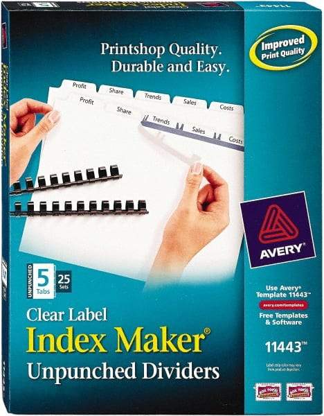 AVERY - 11 x 8-1/2" 5 Tabs, Unpunched Clear Plastic Reinforced, Tab Divider - Clear Tabs, White Folder - All Tool & Supply