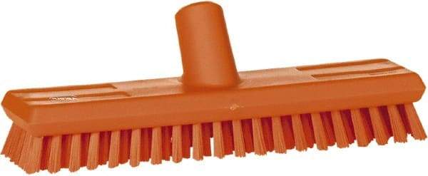 Vikan - 1" Bristle Length, Polyester Scrub Brush - 10-5/8" Long x 2-1/2" Wide Head, 11" OAL, European Threaded Handle, Orange, Polypropylene Block - All Tool & Supply