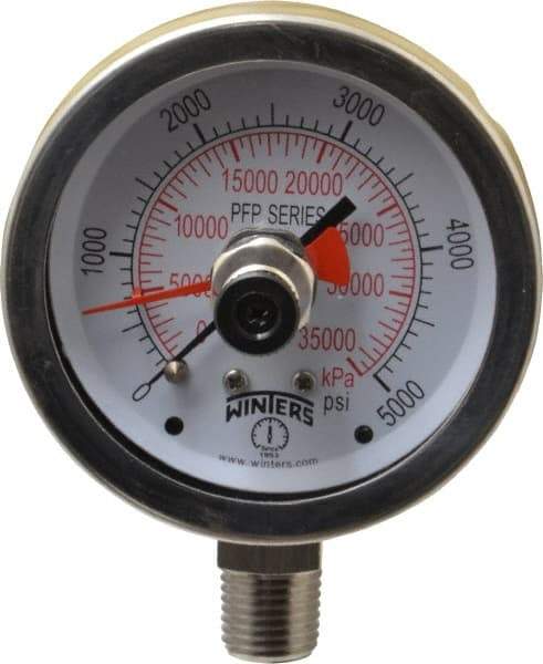 Winters - 2-1/2" Dial, 1/4 Thread, 0-5,000 Scale Range, Pressure Gauge - Lower Connection Mount, Accurate to 1% of Scale - All Tool & Supply