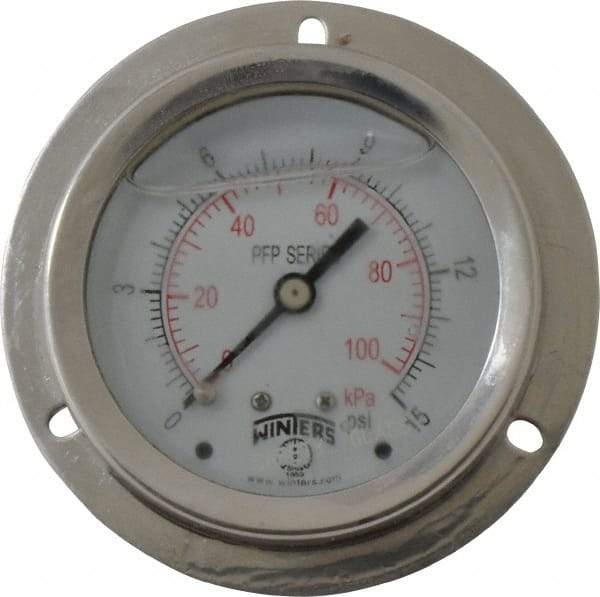 Winters - 2-1/2" Dial, 1/4 Thread, 0-15 Scale Range, Pressure Gauge - Front Flange Panel Mount, Center Back Connection Mount, Accurate to 1.6% of Scale - All Tool & Supply