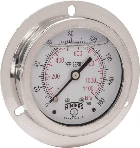 Winters - 2-1/2" Dial, 1/4 Thread, 0-160 Scale Range, Pressure Gauge - Front Flange Panel Mount, Center Back Connection Mount, Accurate to 1.6% of Scale - All Tool & Supply