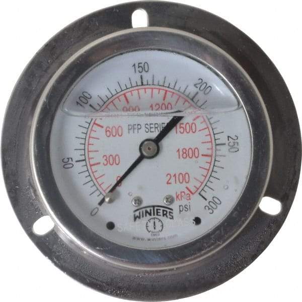 Winters - 2-1/2" Dial, 1/4 Thread, 0-300 Scale Range, Pressure Gauge - Front Flange Panel Mount, Center Back Connection Mount, Accurate to 1.6% of Scale - All Tool & Supply