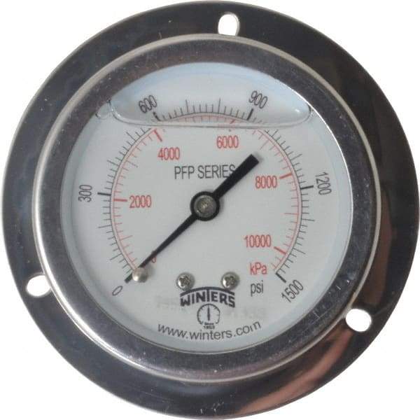 Winters - 2-1/2" Dial, 1/4 Thread, 0-1,500 Scale Range, Pressure Gauge - Front Flange Panel Mount, Center Back Connection Mount, Accurate to 1.6% of Scale - All Tool & Supply