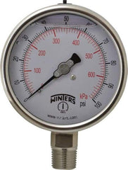 Winters - 4" Dial, 1/2 Thread, 0-100 Scale Range, Pressure Gauge - Lower Connection Mount, Accurate to 1% of Scale - All Tool & Supply