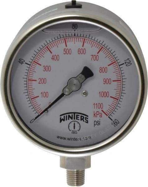 Winters - 4" Dial, 1/4 Thread, 0-160 Scale Range, Pressure Gauge - Lower Connection Mount, Accurate to 1% of Scale - All Tool & Supply