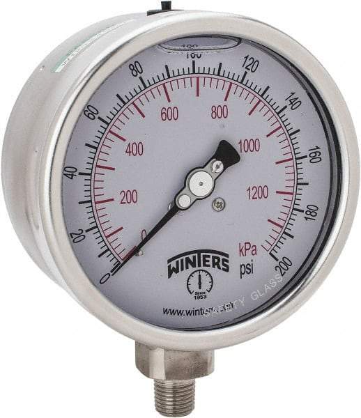 Winters - 4" Dial, 1/4 Thread, 0-200 Scale Range, Pressure Gauge - Lower Connection Mount, Accurate to 1% of Scale - All Tool & Supply