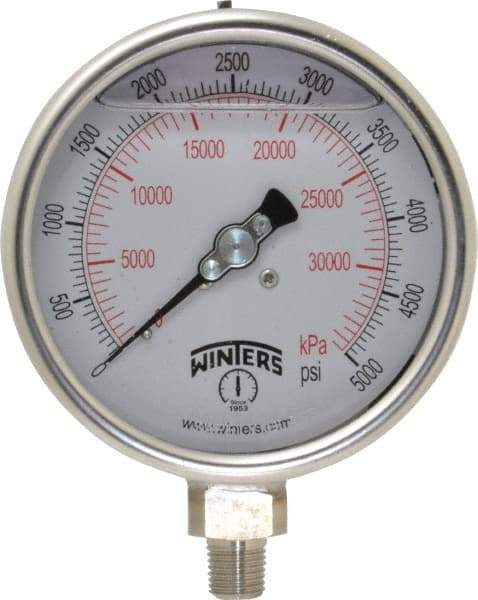 Winters - 4" Dial, 1/4 Thread, 0-5,000 Scale Range, Pressure Gauge - Lower Connection Mount, Accurate to 1% of Scale - All Tool & Supply