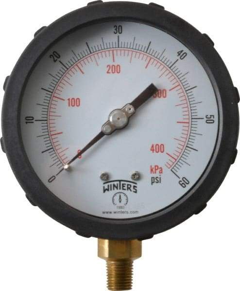 Winters - 4" Dial, 1/4 Thread, 0-60 Scale Range, Pressure Gauge - Lower Connection Mount, Accurate to 1% of Scale - All Tool & Supply