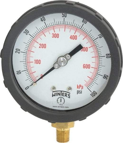 Winters - 4" Dial, 1/4 Thread, 0-100 Scale Range, Pressure Gauge - Lower Connection Mount, Accurate to 1% of Scale - All Tool & Supply