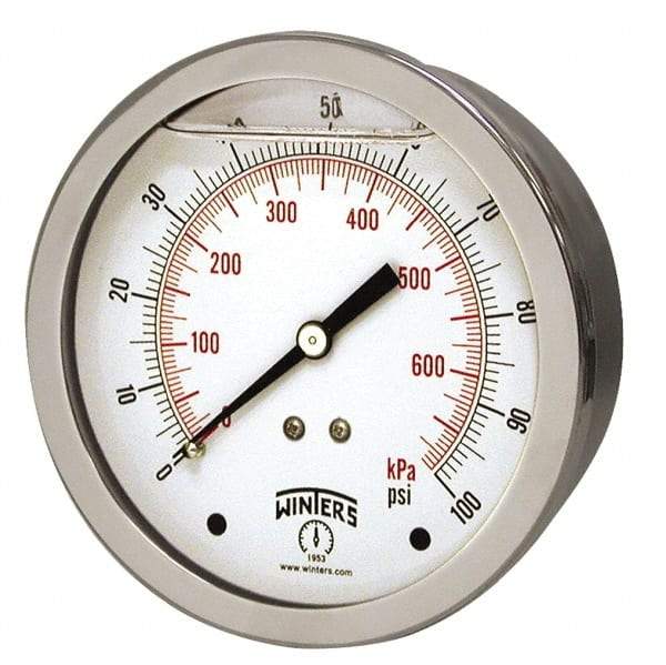 Winters - 1-1/2" Dial, 1/8 Thread, 0-160 Scale Range, Pressure Gauge - Center Back Connection Mount, Accurate to 2.5% of Scale - All Tool & Supply