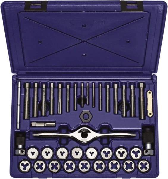 Irwin - M3x0.70 to M12x1.75 Tap, M3x0.70 to M12x1.75 Die, Metric, Tap and Die Set - High Speed Steel, High Speed Steel Taps, Plug Taps, Nonadjustable, 40 Piece Set - Exact Industrial Supply