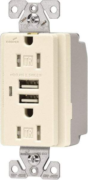 Cooper Wiring Devices - 2 USB Port, 2 Receptacle, 125 VAC, 5 VDC USB Receptacle - 5-15R NEMA Configuration, 15 Amp, Light Almond, 2.1 Amp Charging Power, Automatic Grounding, Screw Mount - All Tool & Supply