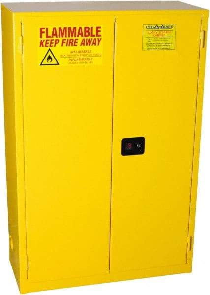 PRO-SAFE - 2 Door, 2 Shelf, Yellow Steel Standard Safety Cabinet for Flammable and Combustible Liquids - 65" High x 43" Wide x 18" Deep, Self Closing Door, 3 Point Key Lock, 45 Gal Capacity - All Tool & Supply