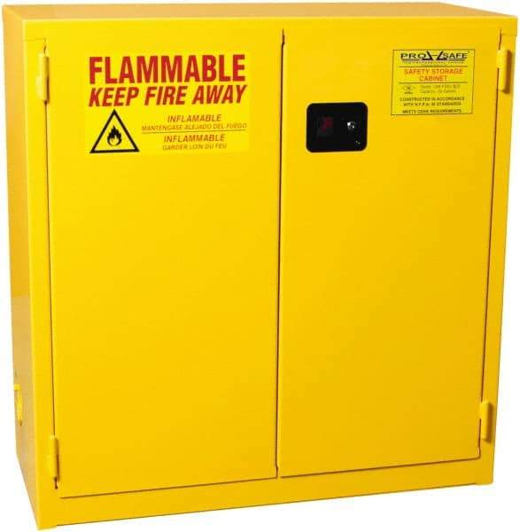 PRO-SAFE - 2 Door, 1 Shelf, Yellow Steel Standard Safety Cabinet for Flammable and Combustible Liquids - 44" High x 43" Wide x 18" Deep, Self Closing Door, 3 Point Key Lock, 30 Gal Capacity - All Tool & Supply