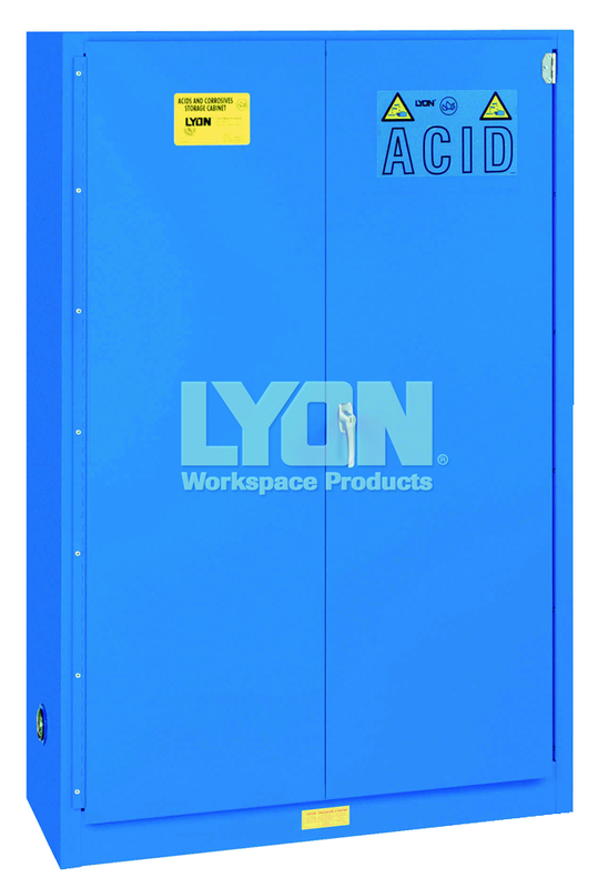 Acid Storage Cabinet - #5545 - 43 x 18 x 65" - 45 Gallon - w/2 shelves, three poly trays, bi-fold self-closing door - Blue Only - All Tool & Supply