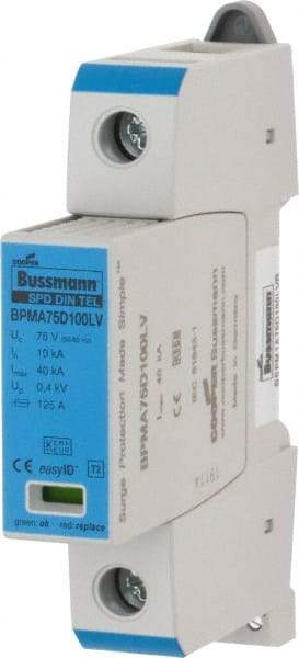 Cooper Bussmann - 1 Pole, 1 Phase, 10 kA Nominal Current, 90mm Long x 18mm Wide x 65mm Deep, Thermoplastic Hardwired Surge Protector - DIN Rail Mount, 100 VDC, 75 VAC, 100 VDC, 75 VAC Operating Voltage, 40 kA Surge Protection - All Tool & Supply