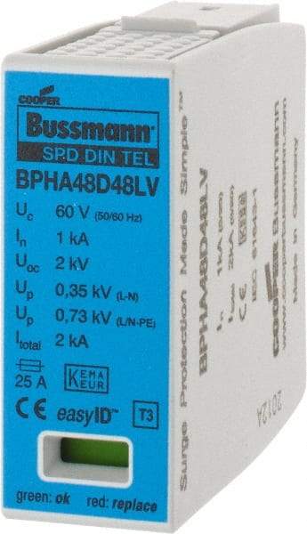 Cooper Bussmann - 2 Pole, 1 Phase, 1 kA Nominal Current, 90mm Long x 18mm Wide x 66mm Deep, Thermoplastic Hardwired Surge Protector - DIN Rail Mount, 48 VAC/VDC, 60 VAC/VDC Operating Voltage, 60 kA Surge Protection - All Tool & Supply