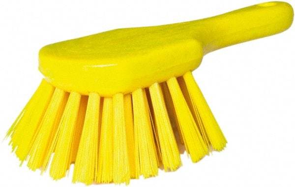 PRO-SOURCE - 1-3/4" Bristle Length, Plastic Utility Scrub Brush - 4-1/2" Long x 3-3/4" Wide Head, 8-1/2" OAL, Short Handle, Yellow, Foam Block - All Tool & Supply