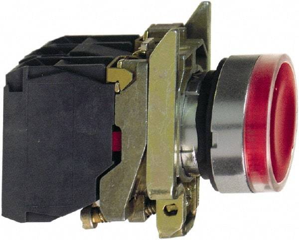 Schneider Electric - 22mm Mount Hole, Flush, Pushbutton Switch with Contact Block - Round, Red Pushbutton, Illuminated, Momentary (MO) - All Tool & Supply